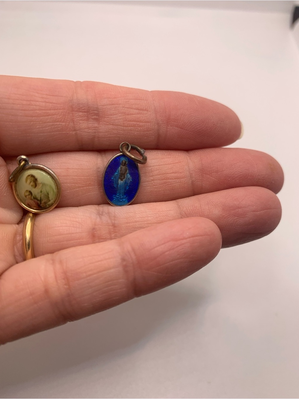 Blue Marian Religious Pendant and Christ with Child Charm Vintage